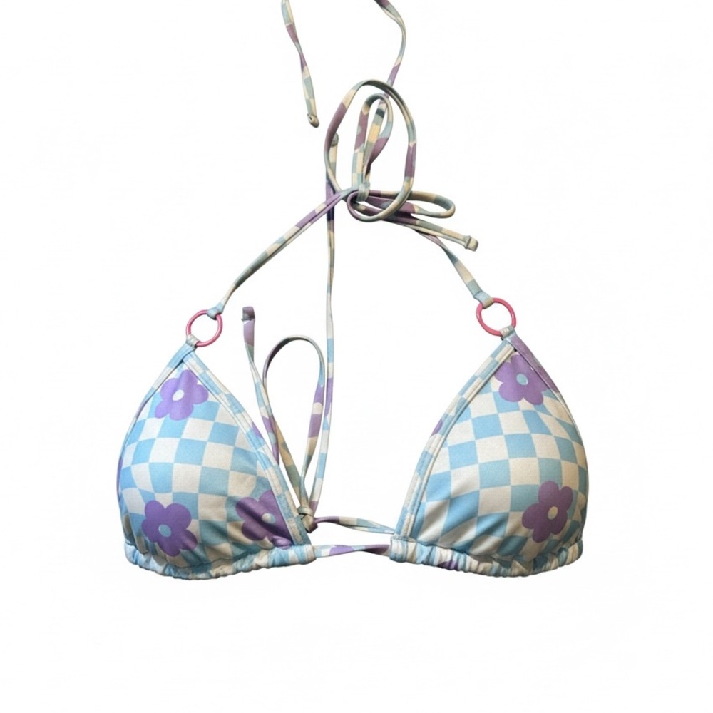 OneOne retro floral checker bikini top blue purple